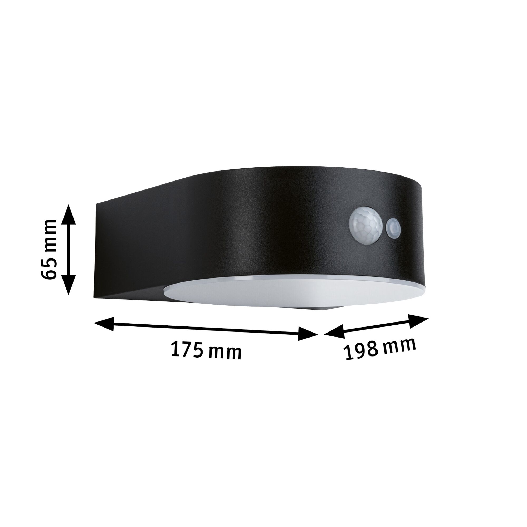 Black LED wall light with motion sensor, dimensions 198x175x65 mm, suitable for outdoor lighting