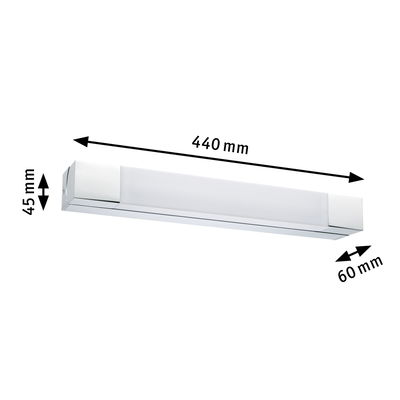 Moderne LED-Wandleuchte in Weiß mit Chromakzenten, Maße 440x60x45 mm, energiesparende Beleuchtung