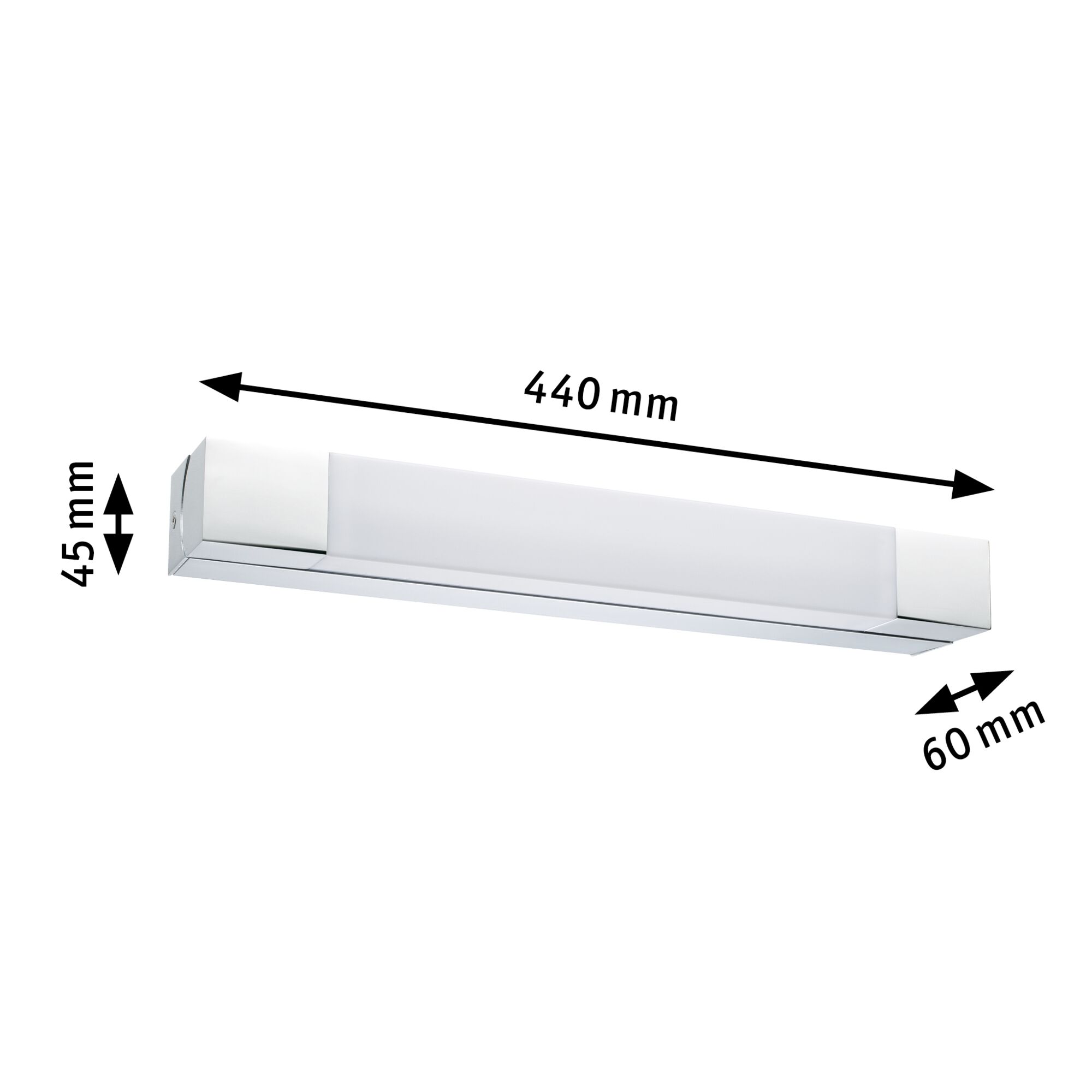Modern white LED wall light with chrome accents, dimensions 440x60x45 mm, energy-efficient lighting