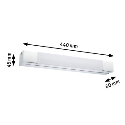 Moderne LED-Wandleuchte in Weiß mit Chromakzenten, Maße 440x60x45 mm, energiesparende Beleuchtung