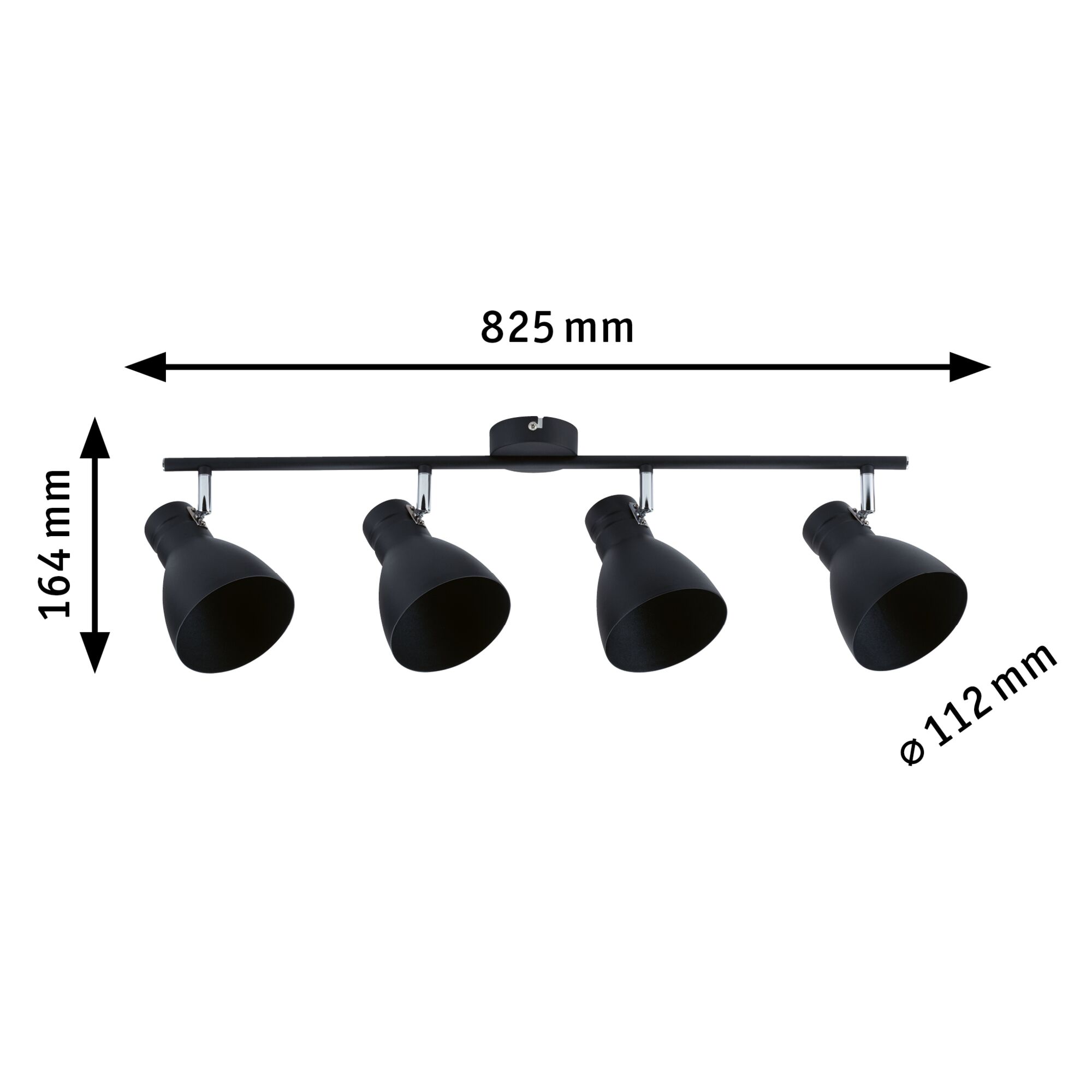 Zwarte metalen plafondlamp met vier verstelbare LED-spotjes, 825 mm breed, modern design verlichting.