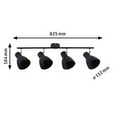 Zwarte metalen plafondlamp met vier verstelbare LED-spotjes, 825 mm breed, modern design verlichting.