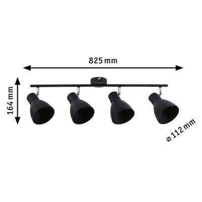 Zwarte metalen plafondlamp met vier verstelbare LED-spotjes, 825 mm breed, modern design verlichting.