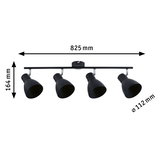 Schwarze Deckenleuchte mit vier verstellbaren Spots aus Metall, 825 mm breit, moderne LED-Strahler.