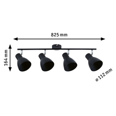Schwarze Deckenleuchte mit vier verstellbaren Spots aus Metall, 825 mm breit, moderne LED-Strahler.