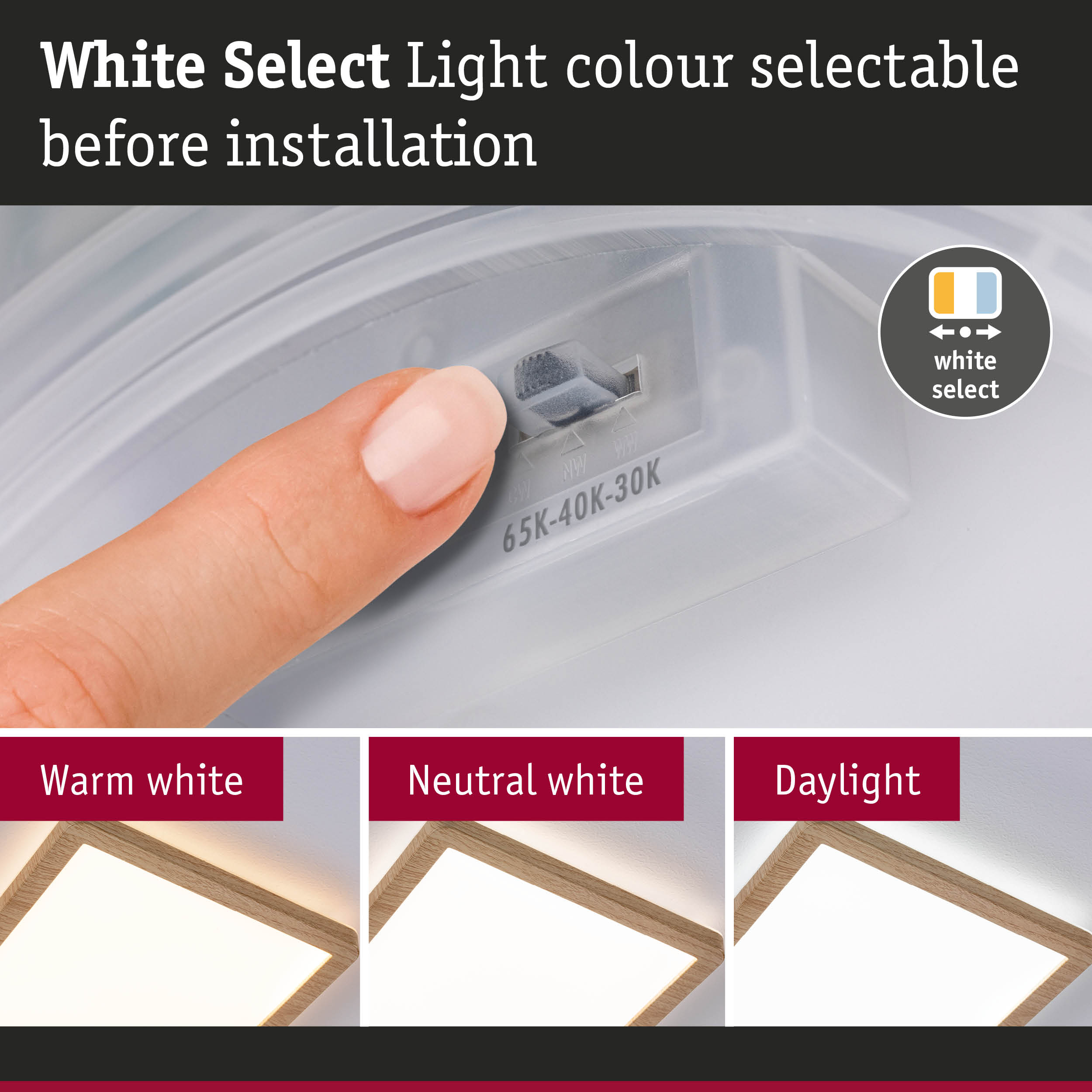 White plastic light colour selector before installation with three wooden LED ceiling lights
