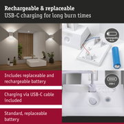White LED wall light with USB-C rechargeable and replaceable battery for extended lighting use
