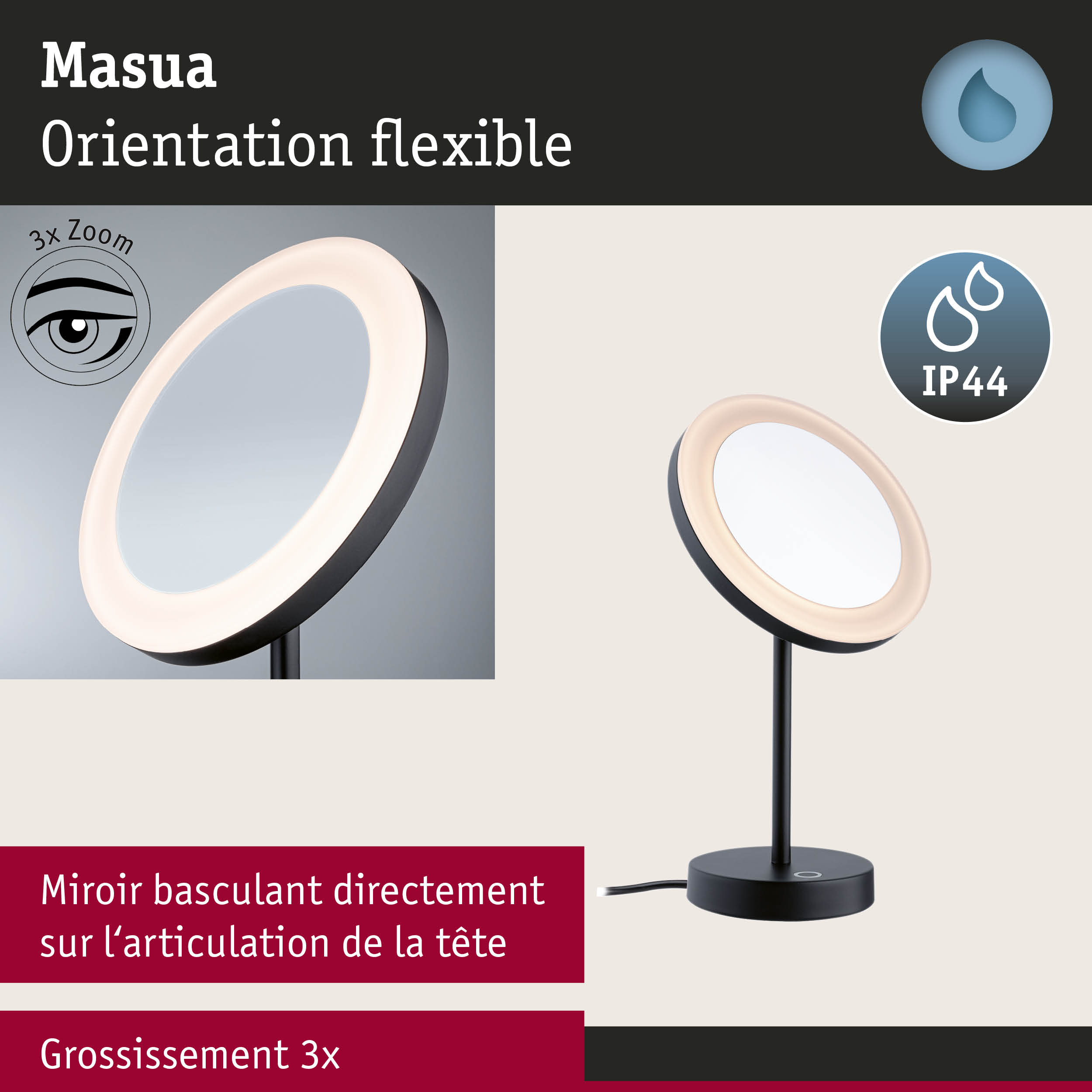 Miroir de table LED Masua noir avec tête flexible et grossissement 3x, protection IP44 pour salle de bain