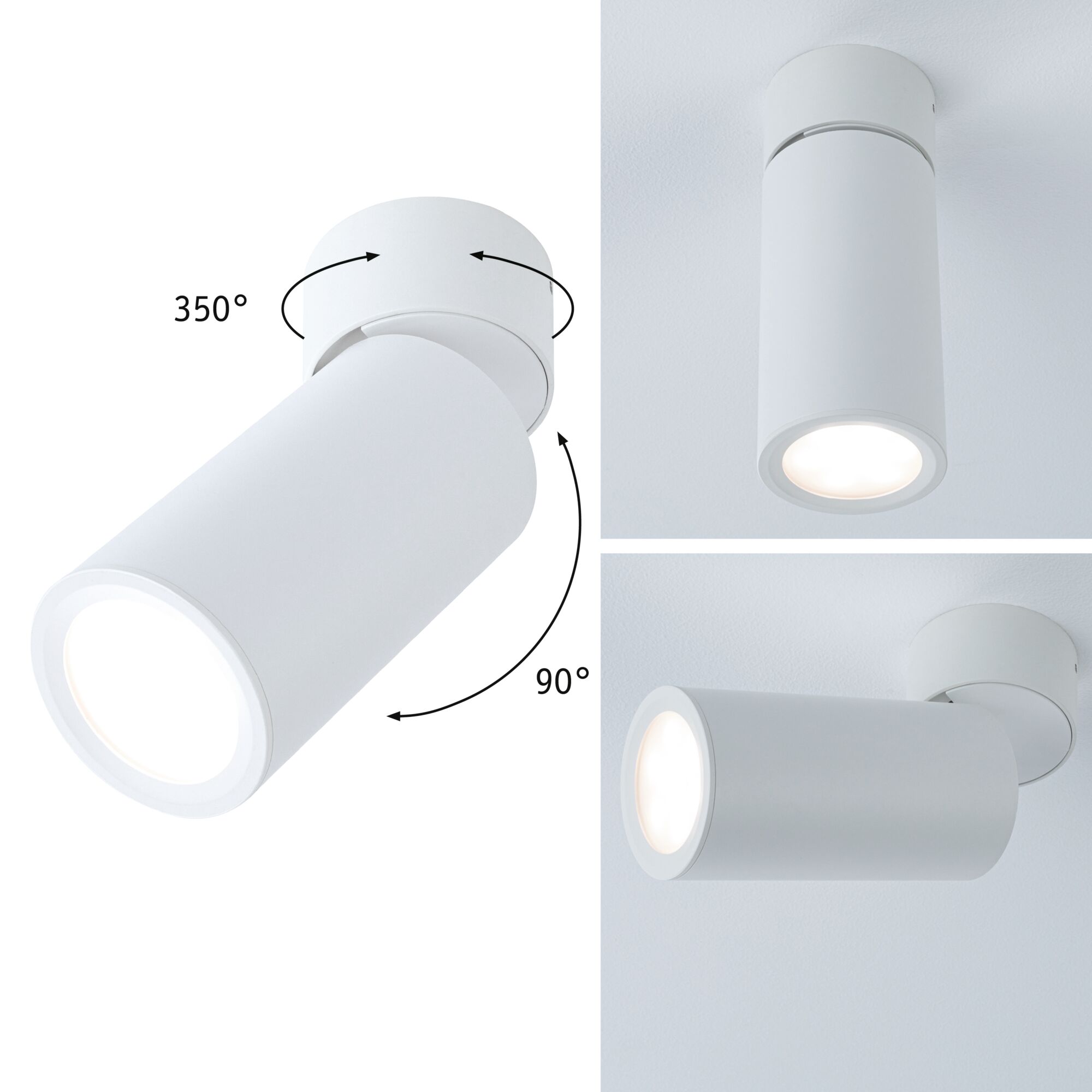 Witte metalen LED-plafondspot met 350° draaibare kop en 90° kantelbare lamp voor veelzijdige verlichting