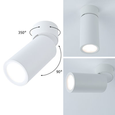 Weißer LED-Deckenstrahler aus Metall mit 350° drehbarem Kopf und 90° neigbarem Leuchtkörper für flexible Beleuchtung