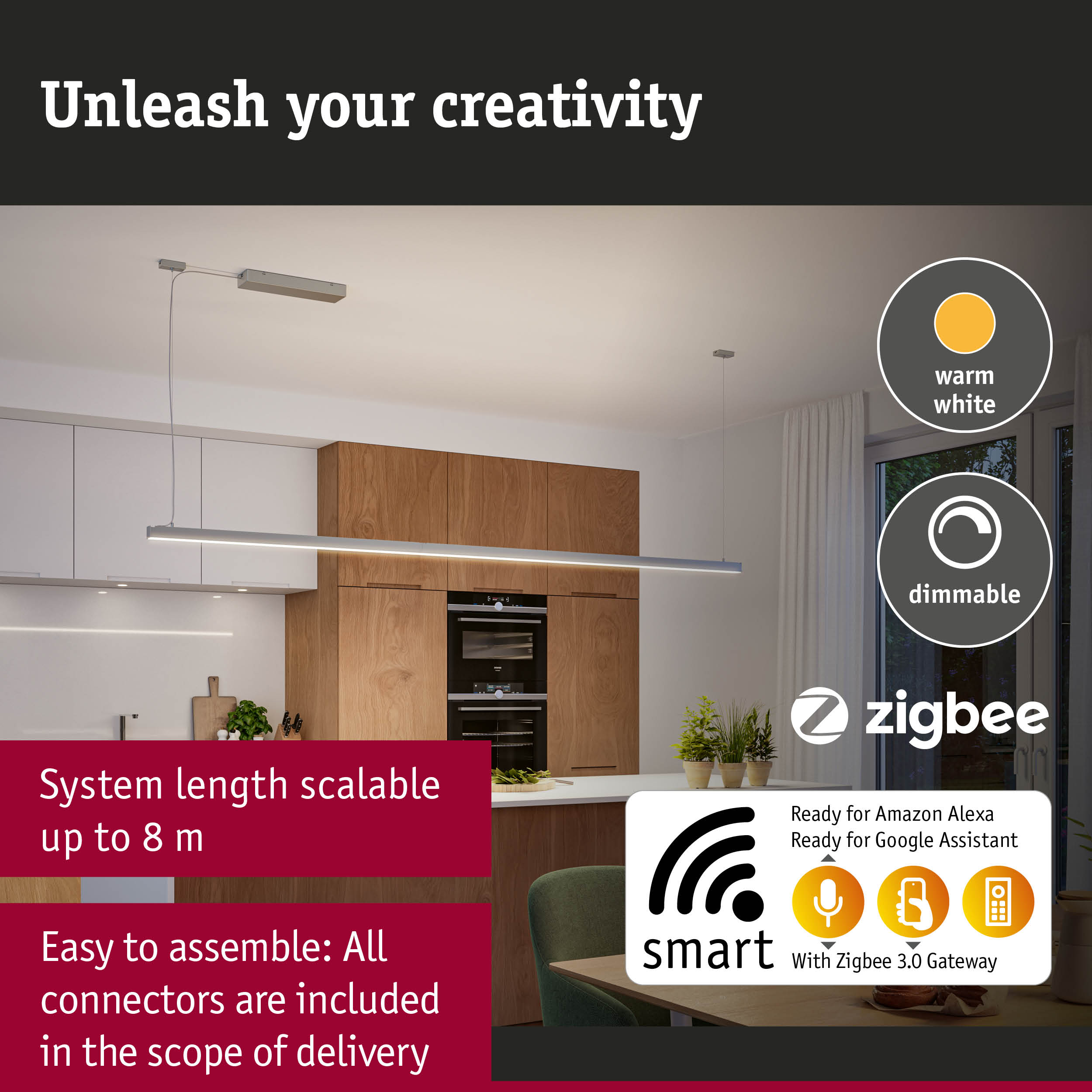 Modern dimmable aluminium LED pendant light with warm white glow for smart kitchen lighting