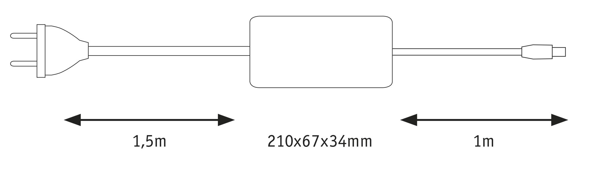 Technische tekening van een voeding met 1,5 m invoerkabel, 210x67x34 mm behuizing en 1 m uitvoerkabel.