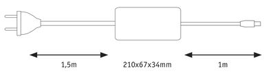 Technische tekening van een voeding met 1,5 m invoerkabel, 210x67x34 mm behuizing en 1 m uitvoerkabel.