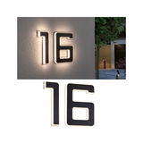 Solar-powered house number 16 in black with white LED lighting for outdoor use