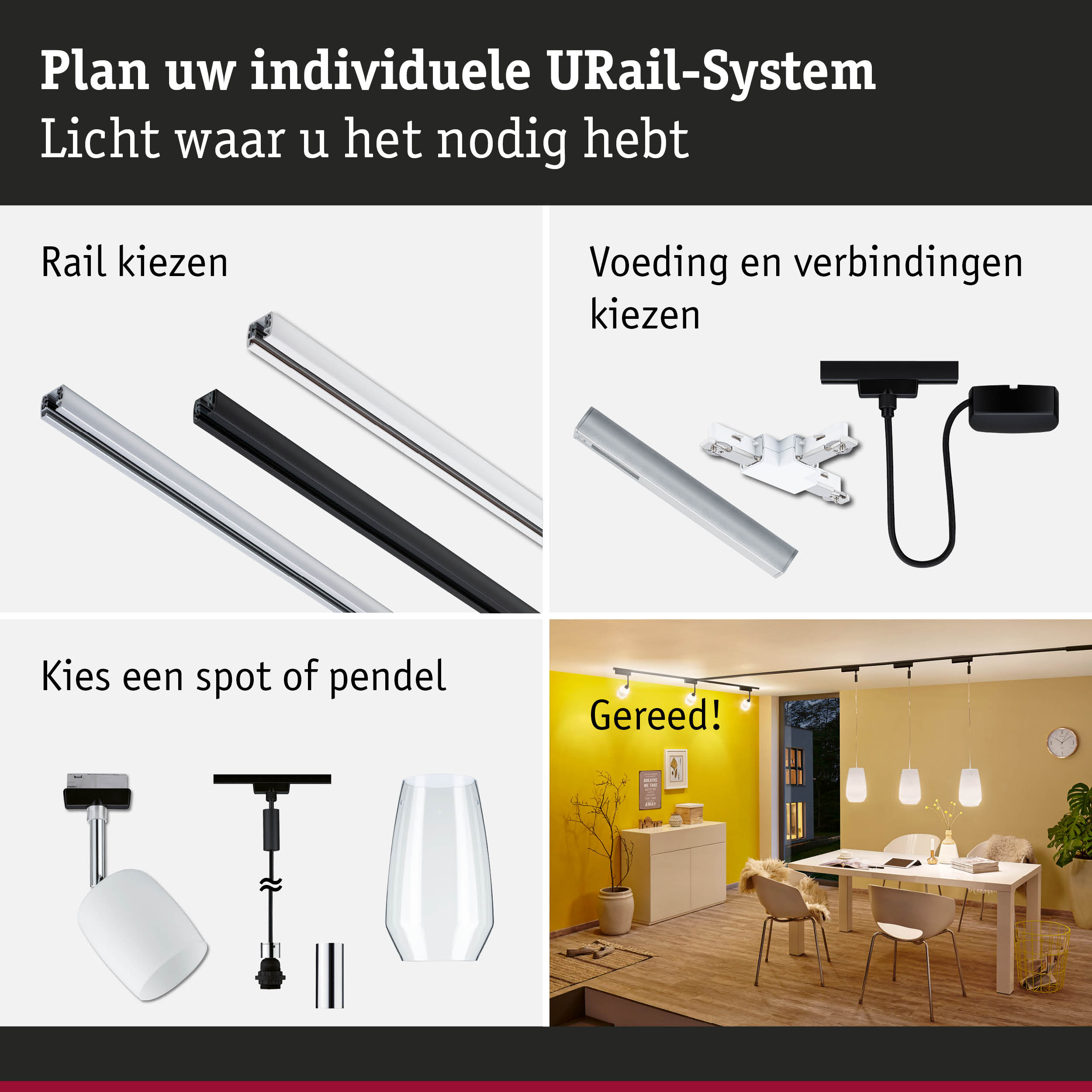 Modulair URail-systeem van aluminium in zwart en wit voor flexibele LED-verlichting.