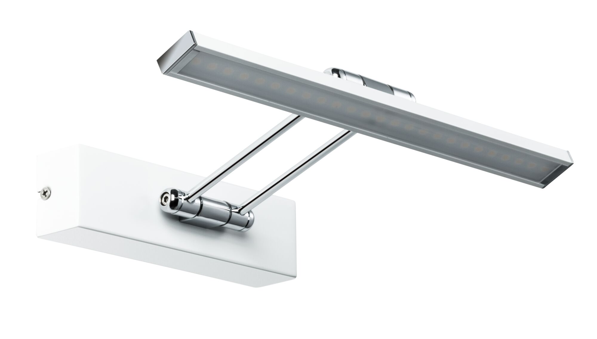 Moderne LED-Wandleuchte mit weißem Gehäuse und verchromtem Arm für stilvolle Raumbeleuchtung