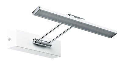 Modern LED wall light with white housing and chrome arm for stylish room lighting