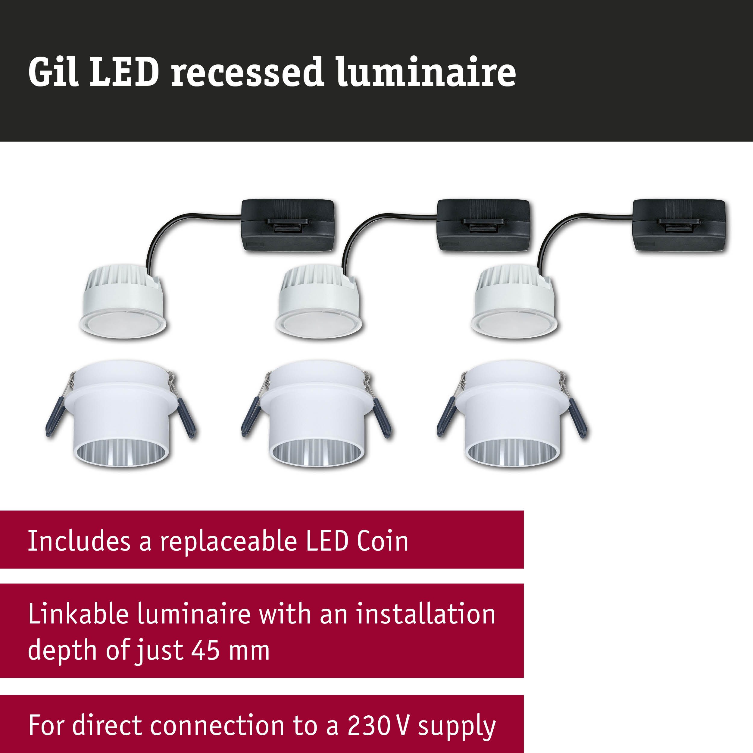 Gil white LED recessed luminaire with black cable, energy-efficient LED downlight for ceilings
