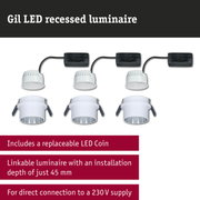 Gil white LED recessed luminaire with black cable, energy-efficient LED downlight for ceilings