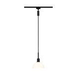 Modern pendant light with black metal and white glass, minimalist design for living spaces
