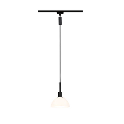 Modern pendant light with black metal and white glass, minimalist design for living spaces