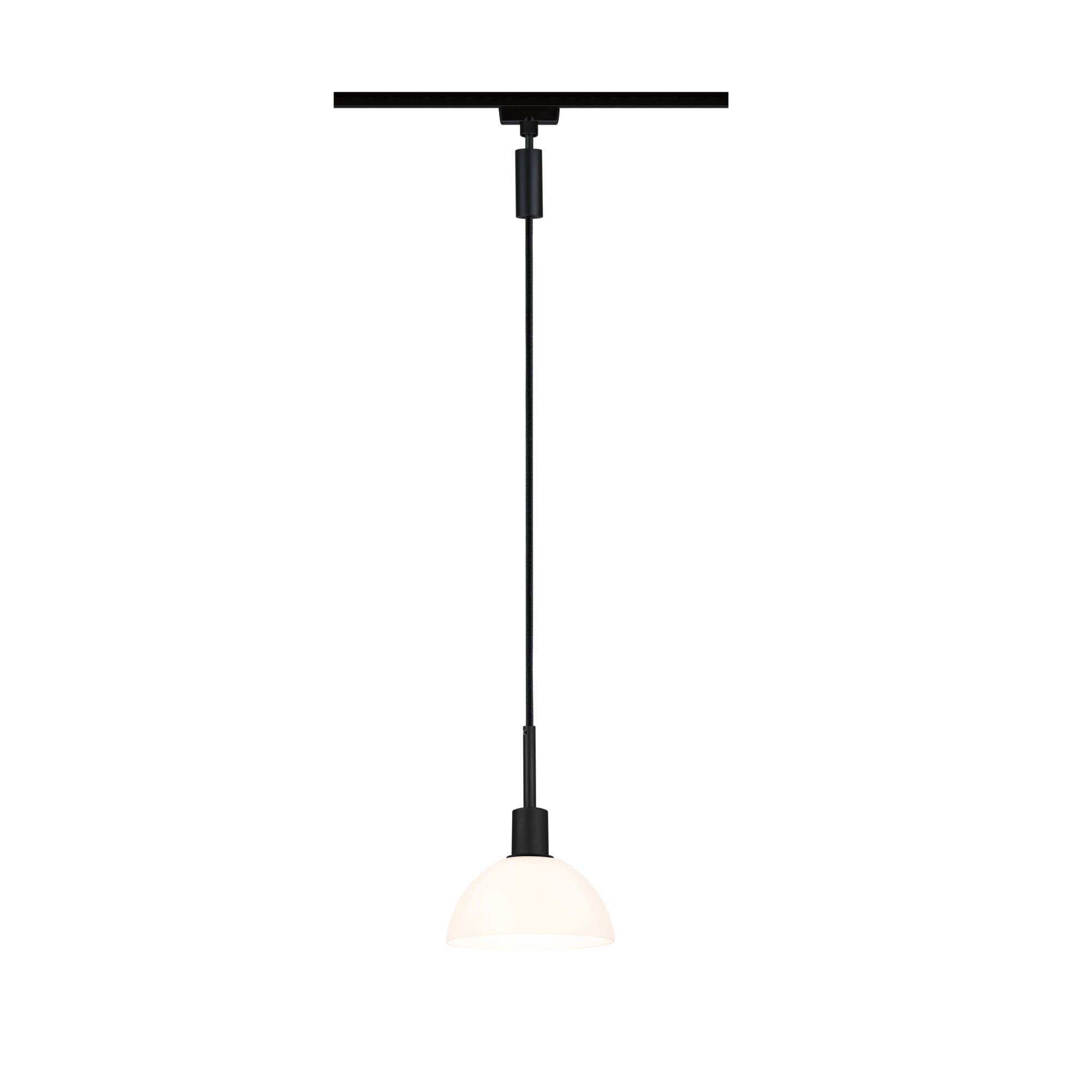 Modern pendant light with black metal and white glass, minimalist design for living spaces
