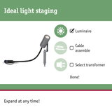 Grey outdoor LED spotlight with ground spike and cable, aluminium material, weatherproof garden lighting