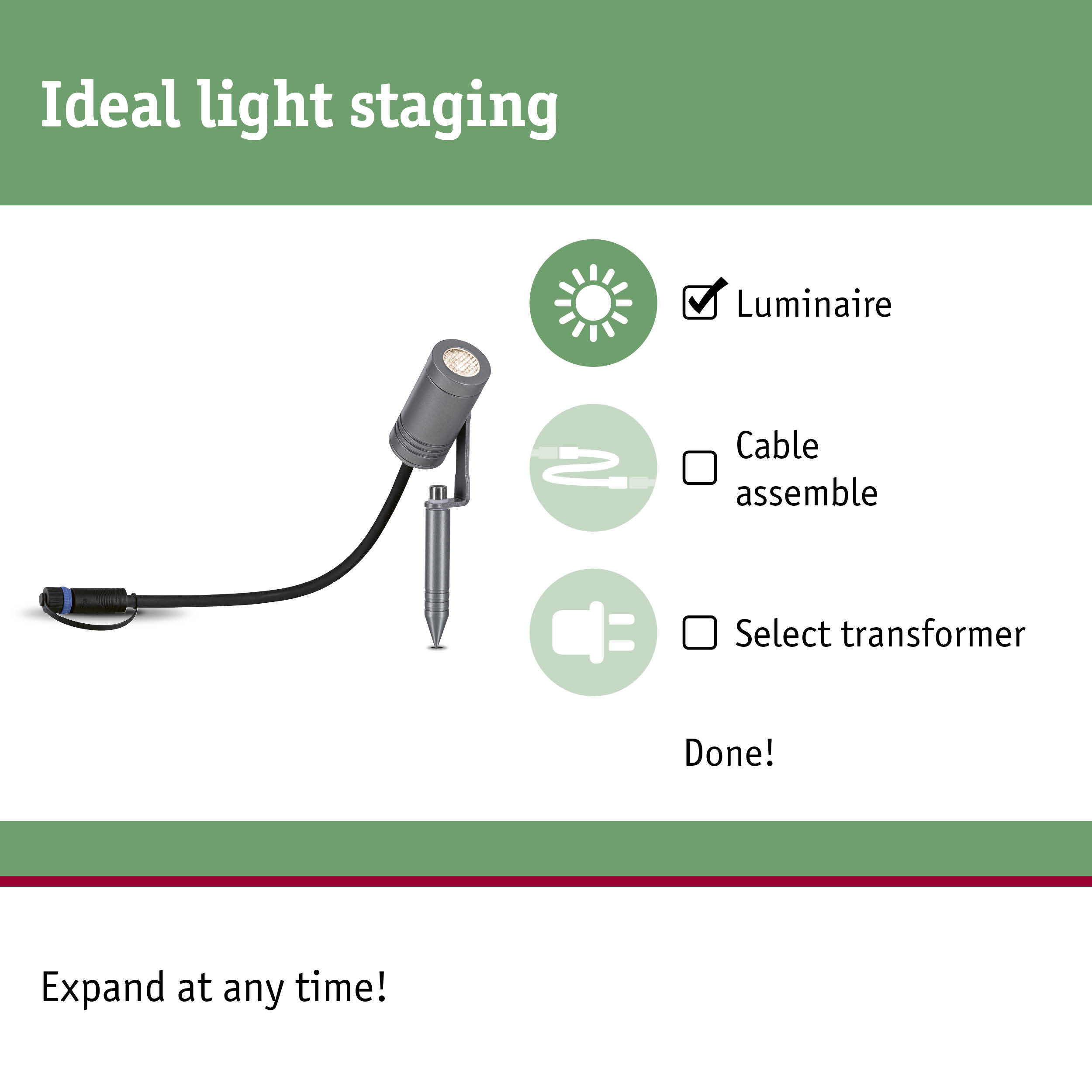 Grey outdoor LED spotlight with ground spike and cable, aluminium material, weatherproof garden lighting