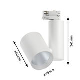 White metal LED spotlight with 98 mm diameter and 241 mm height, modern track lighting fixture.