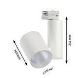 Spot LED blanc en métal de 98 mm de diamètre et 241 mm de hauteur, luminaire moderne pour rail.