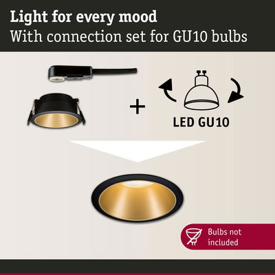 Black recessed spotlight with gold reflector and connection set for GU10 LED bulbs, bulbs not included