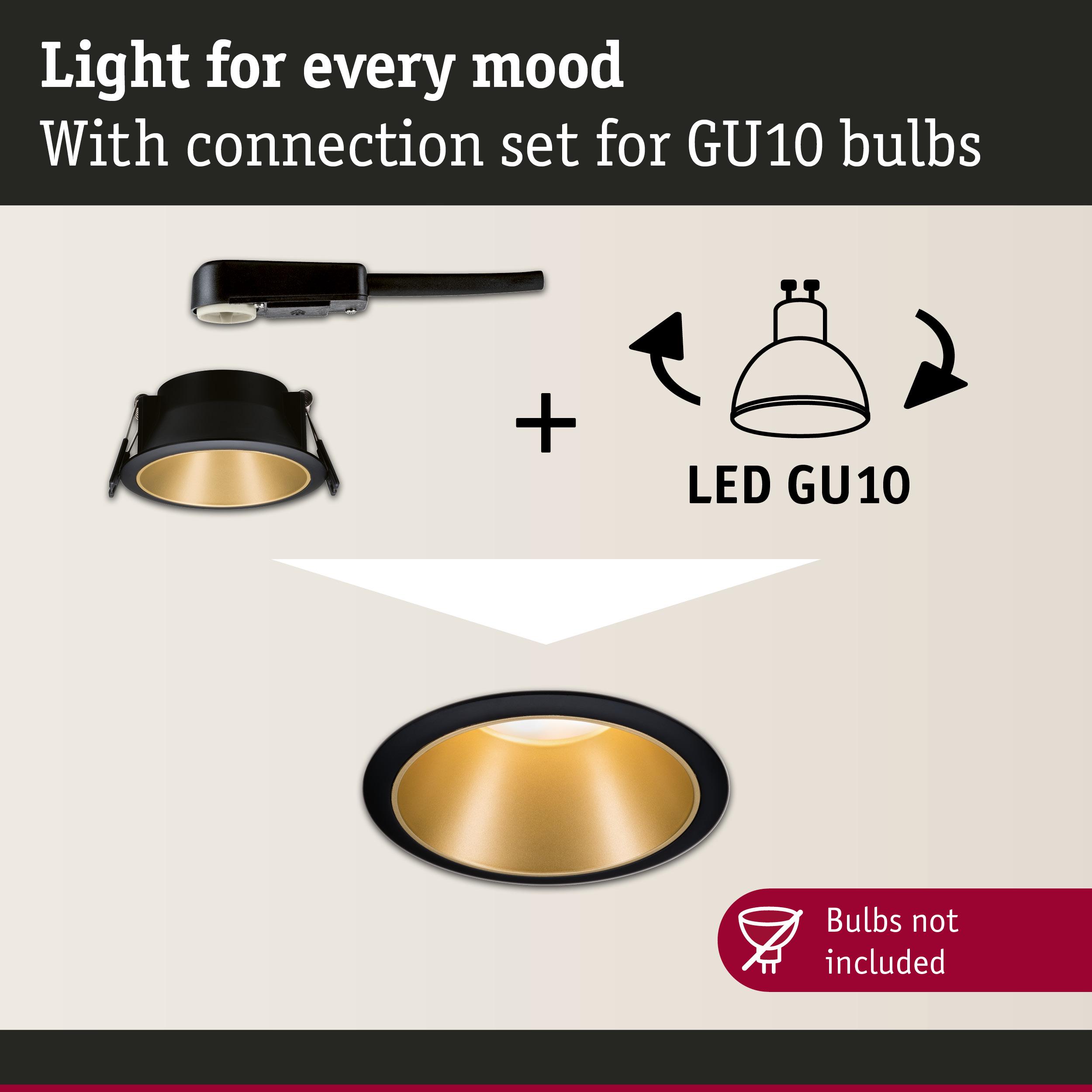 Black recessed spotlight with gold reflector and connection set for GU10 LED bulbs, bulbs not included