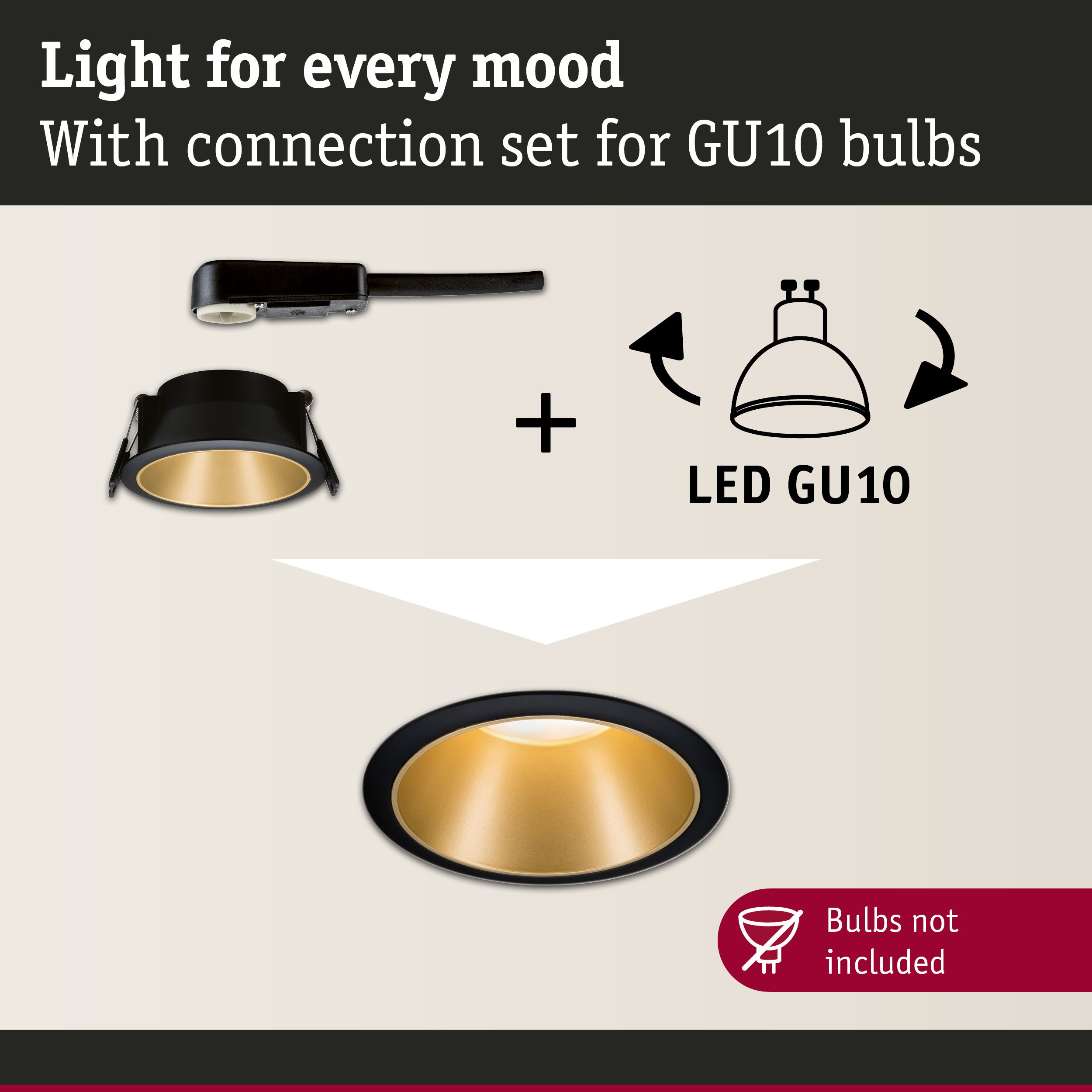 Black recessed spotlight with gold reflector and connection set for LED GU10 bulbs