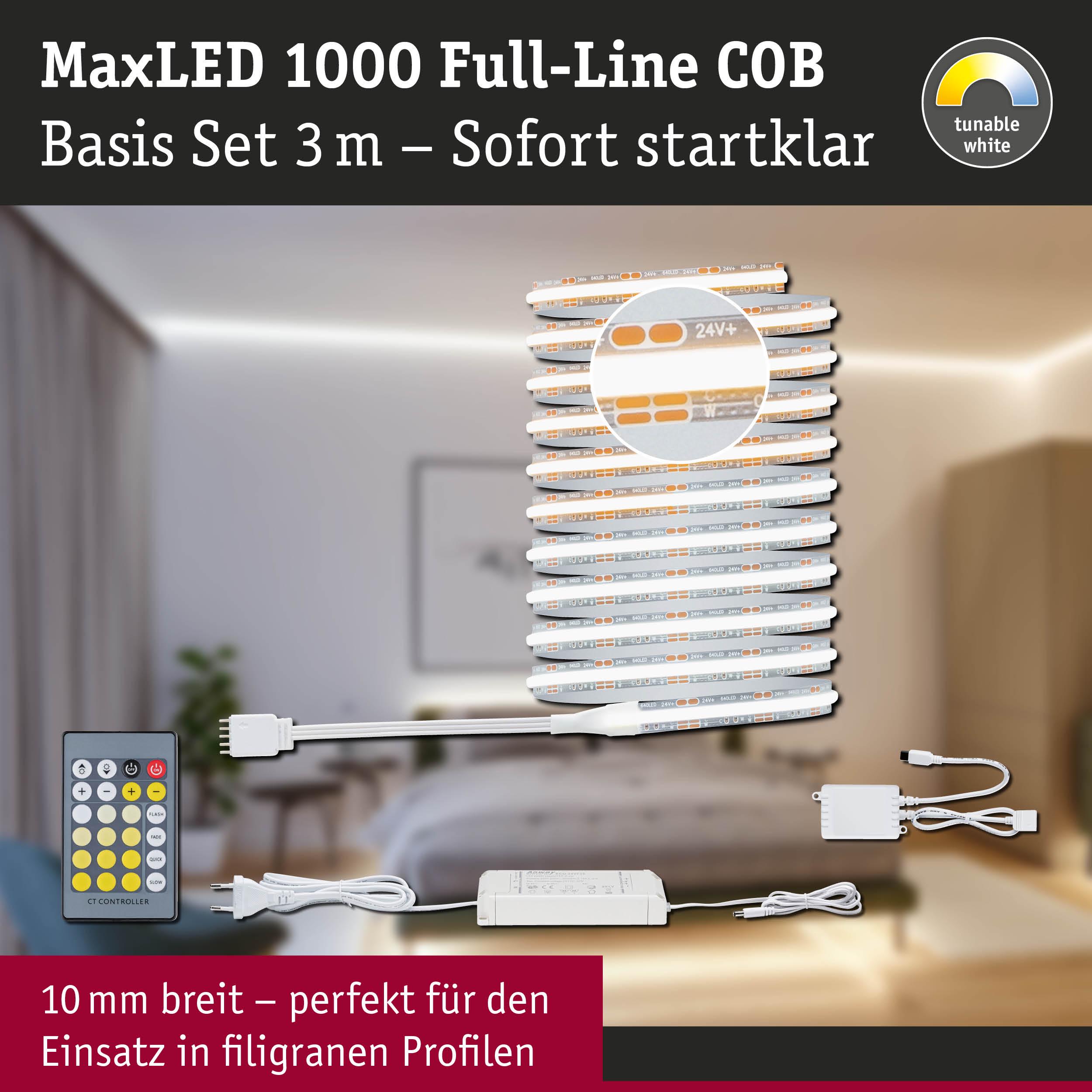 MaxLED 1000 Full-Line COB LED-Lichtband 3 m mit Fernbedienung und Netzteil, dimmbares Weißlicht