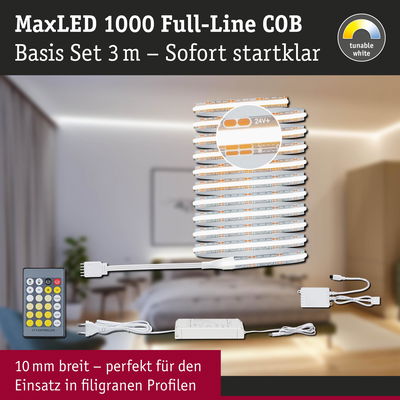 MaxLED 1000 Full-Line COB LED-Lichtband 3 m mit Fernbedienung und Netzteil, dimmbares Weißlicht