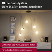Modernes ULine Gurt-System mit weißen Kugelleuchten und grünen Kabeln in Wohnzimmer mit Plattenspieler