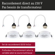Lot de trois spots encastrés blancs avec douille GU10 et câble pour raccordement direct 230 V sans transformateur