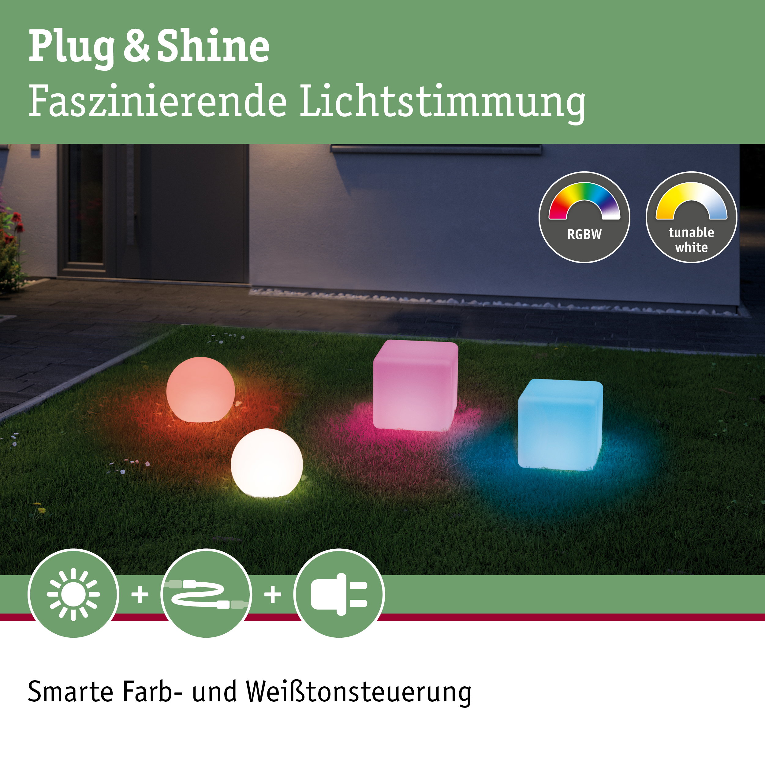 Bunte Plug & Shine LED-Leuchten in Kugel- und Würfelform auf Rasen mit RGBW und Weißtonsteuerung
