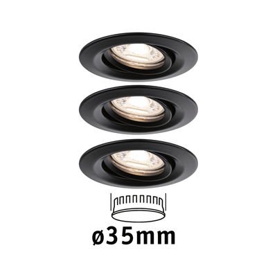 Three black metal recessed spotlights with 35 mm diameter for modern LED lighting solutions