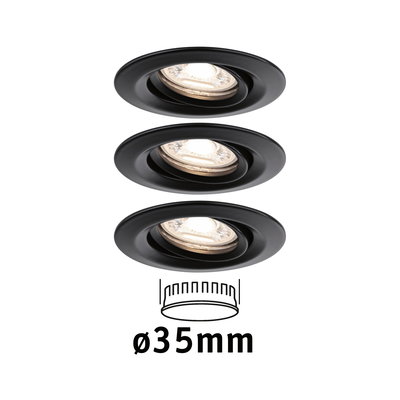 Drei schwarze Einbaustrahler aus Metall mit 35 mm Durchmesser für moderne LED-Beleuchtung