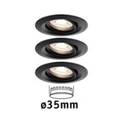 Drei schwarze Einbaustrahler aus Metall mit 35 mm Durchmesser für moderne LED-Beleuchtung