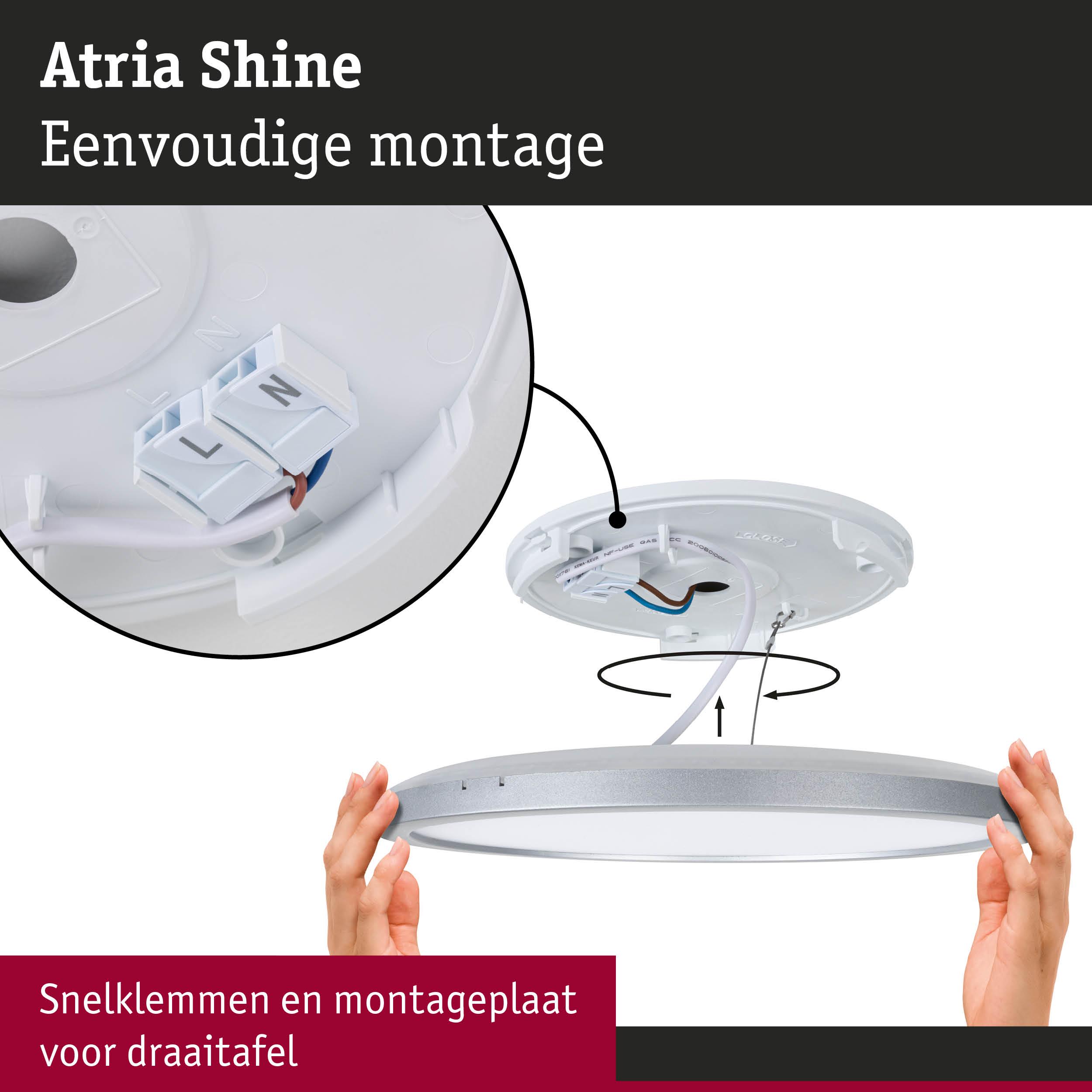 Montage van ronde Atria Shine LED-plafondlamp met snelklemmen en witte montageplaat