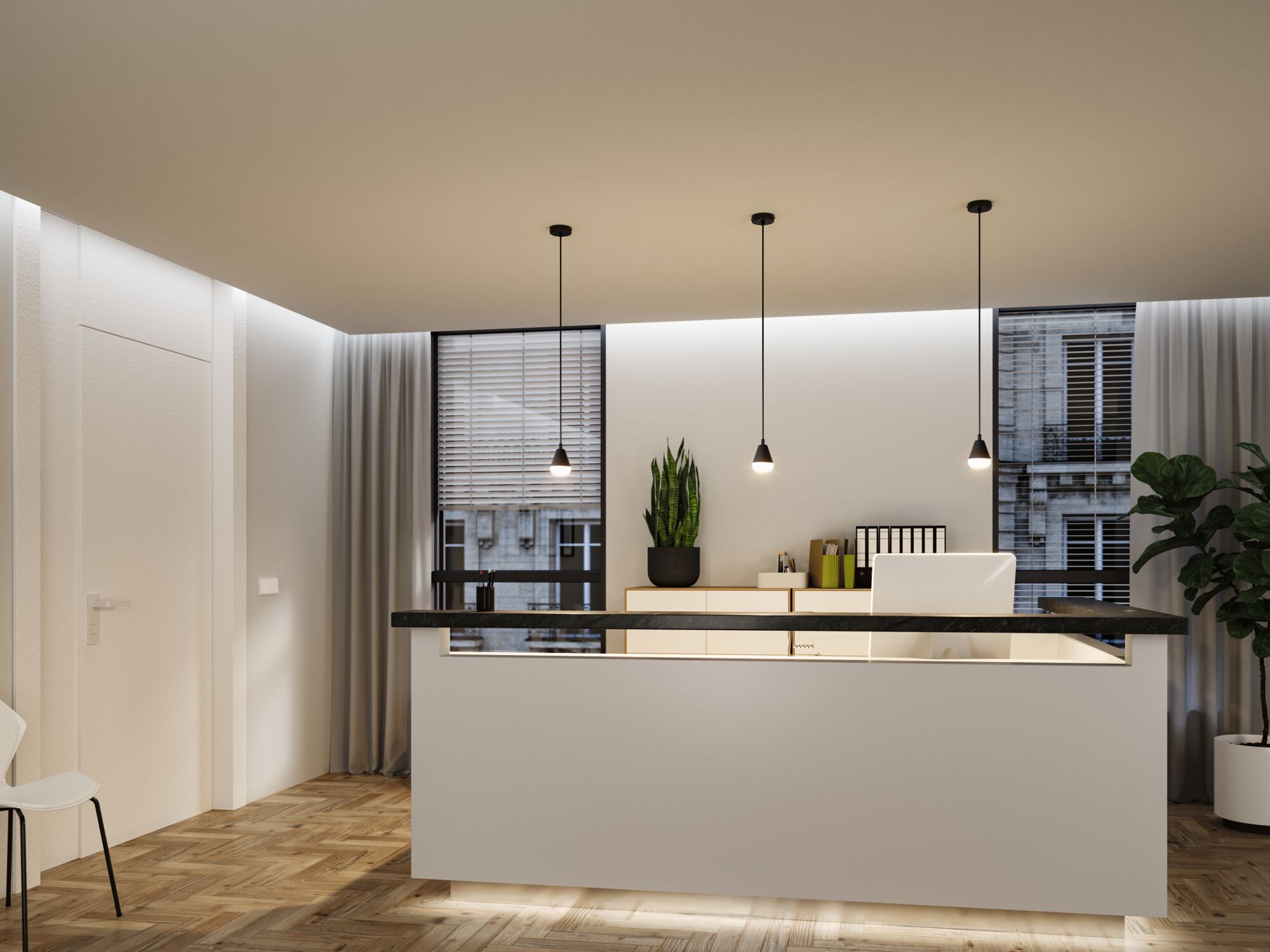 Modernes Büro mit drei schwarzen Paulmann LED Pendelleuchten und weißem Empfangstresen aus Holz.