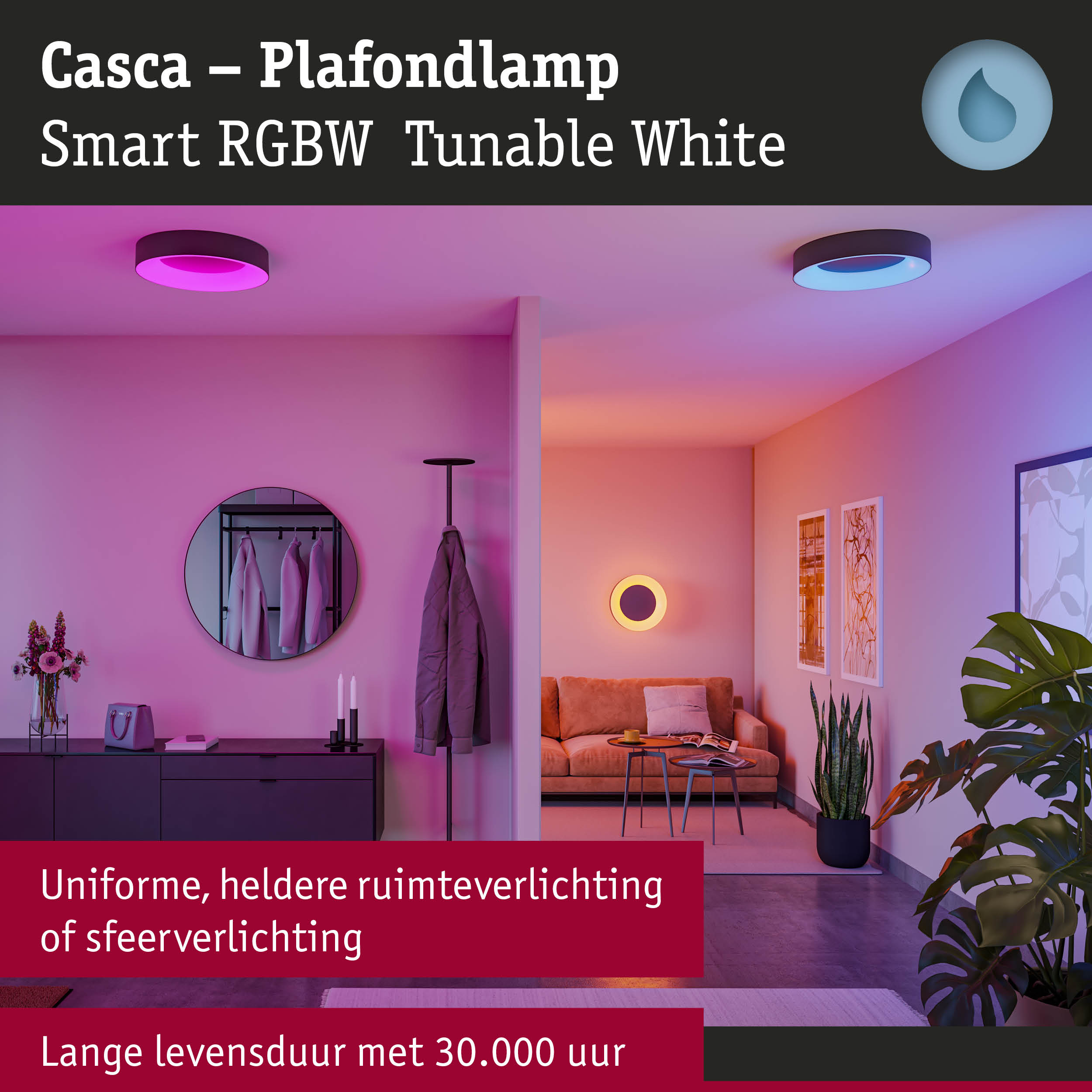 Casca slimme RGBW plafondlamp met instelbaar wit licht in moderne woonkamer met kleurrijke sfeerverlichting