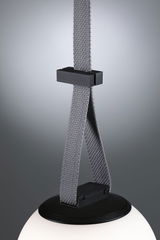 Modern pendant light with black metal holder and grey textile strap, white glass globe