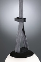 Modern pendant light with black metal holder and grey textile strap, white glass globe