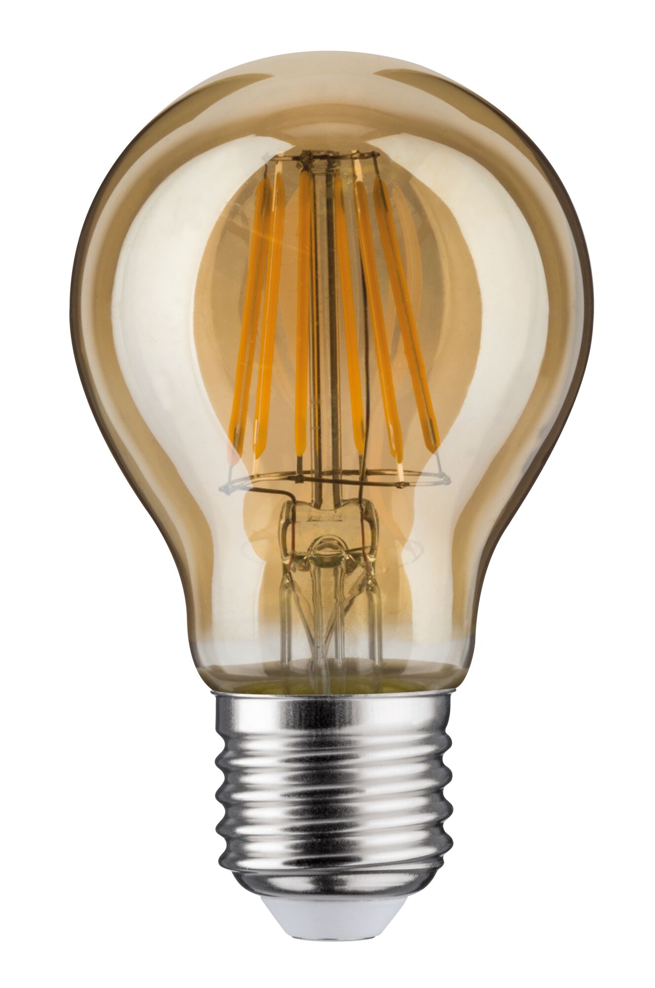 LED-Glühbirne mit bernsteinfarbenem Glas und silbernem Schraubsockel für energiesparende Beleuchtung