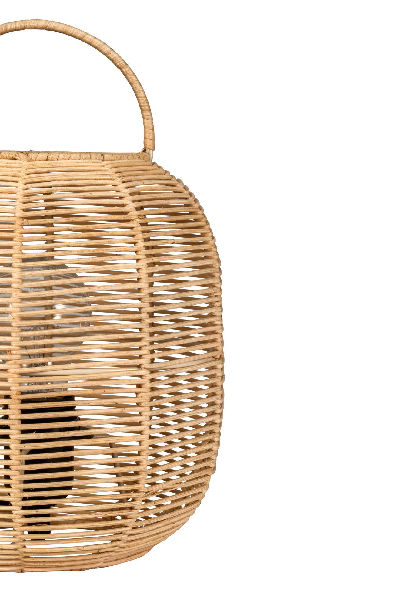 Suspension ronde en rotin naturel tressé beige avec ampoule visible et câble noir