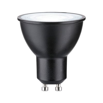 Black LED reflector lamp with GU10 base made of plastic for energy-efficient lighting