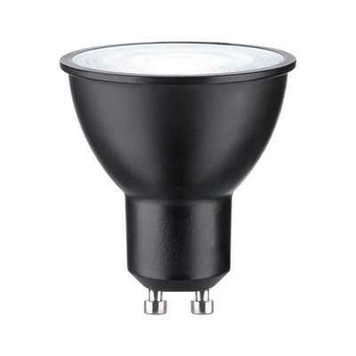 Black LED reflector lamp with GU10 base made of plastic for energy-efficient lighting